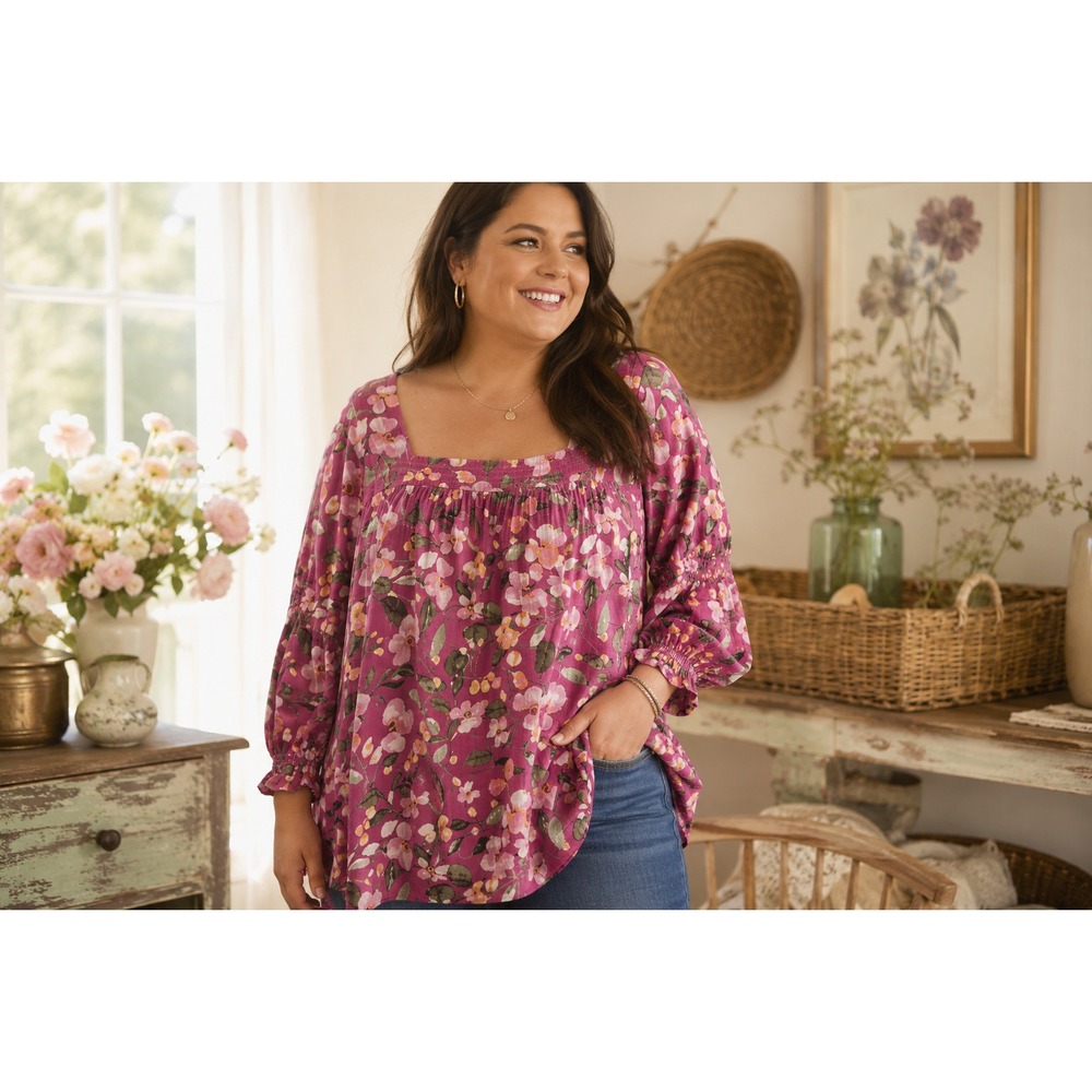 Pioneer Woman Pink Floral Peasant Blouse Plus 2X Square Neck Boho Cottagecore